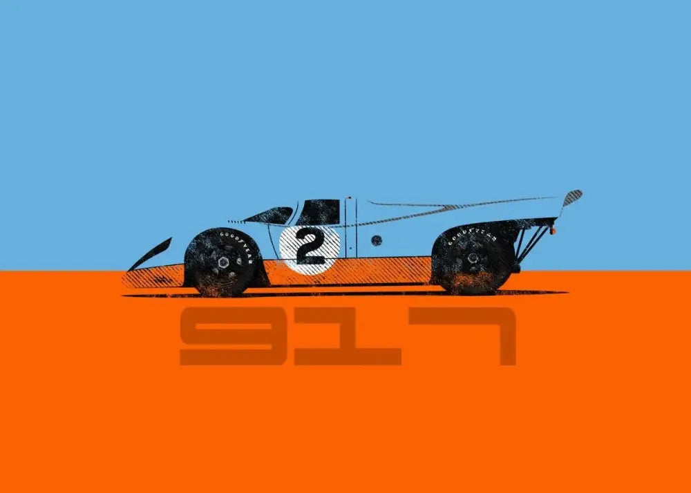 Decorbites modern cartoon racing car canvas wall art featuring a light blue and orange porsche 917 with number 2