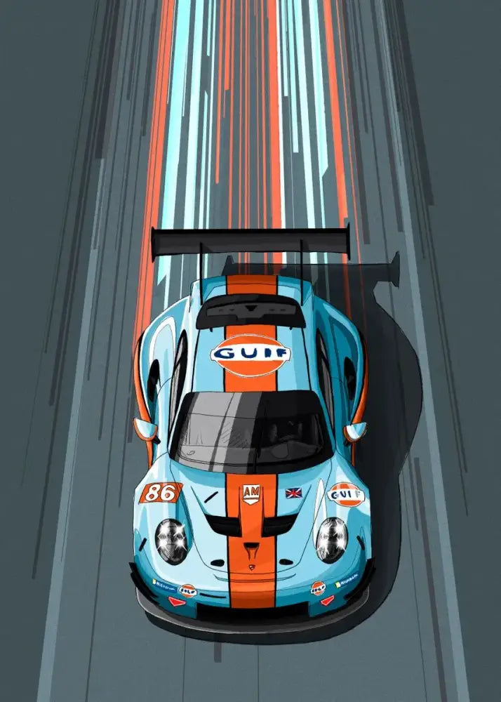 DecorBites™ modern cartoon racing car canvas wall art featuring a light blue and orange racing car with number 86