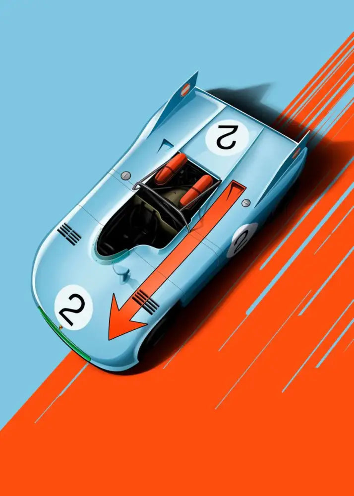 DecorBites™ modern cartoon racing car canvas wall art featuring a light blue racing car with bold orange stripes and number 2 decals