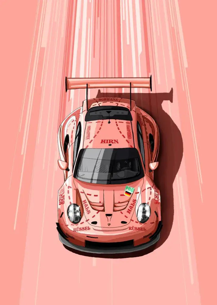 DecorBites modern cartoon racing car canvas wall art featuring a pink racing car with rear spoiler and sponsor decals overhead view