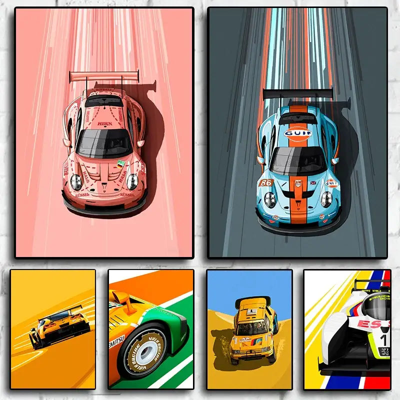 Set of five vibrant cartoon racing car posters featuring iconic models like Porsche 911 in bold colors for wall art
