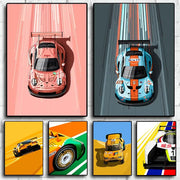 Set of six vibrant cartoon racing car posters featuring porsche 911 and mitsu on dynamic backgrounds by DecorBites™