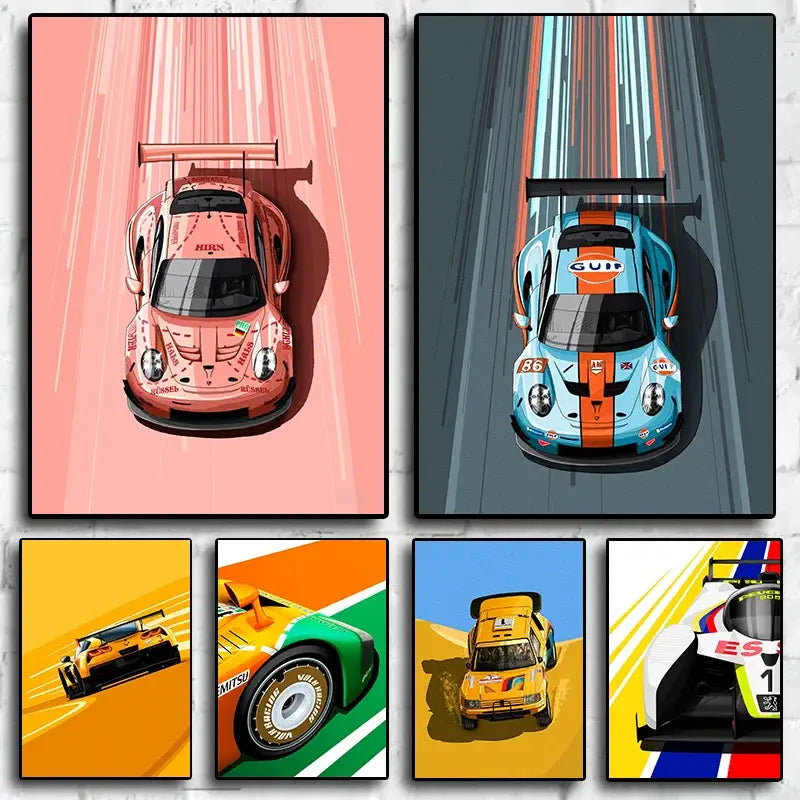 Set of six vibrant cartoon racing car posters featuring porsche 911 and mitsu on dynamic backgrounds by DecorBites™