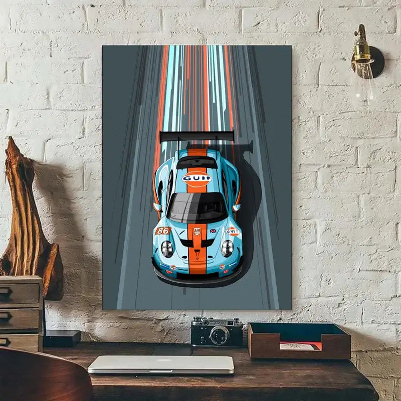 DecorBites™ modern cartoon racing car canvas wall art featuring vibrant blue and orange gulf-branded porsche 917 poster
