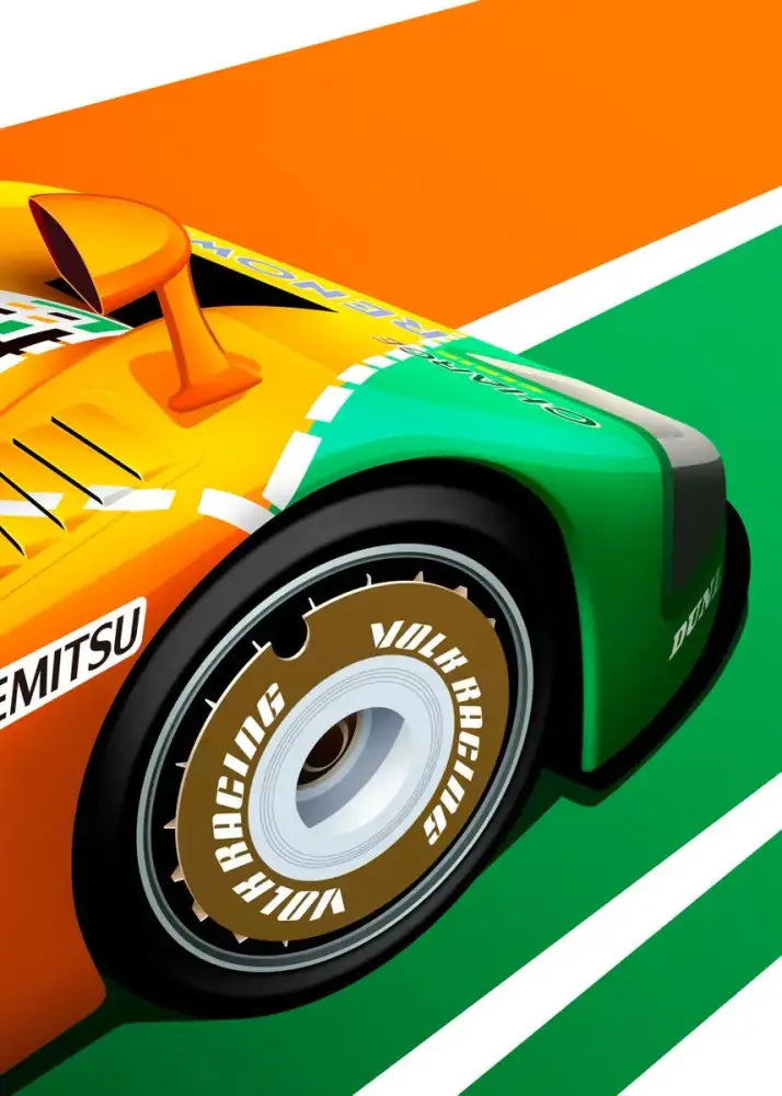 Decorbites™ modern cartoon racing car canvas wall art featuring a vibrant orange and green cartoon racing car with volvo racing tires