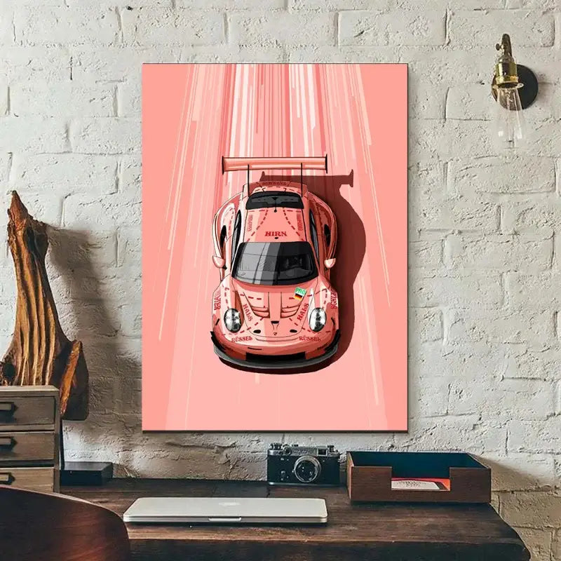A vibrant pink cartoon racing car canvas print by DecorBites™ featuring a Porsche with racing decals and rear spoiler