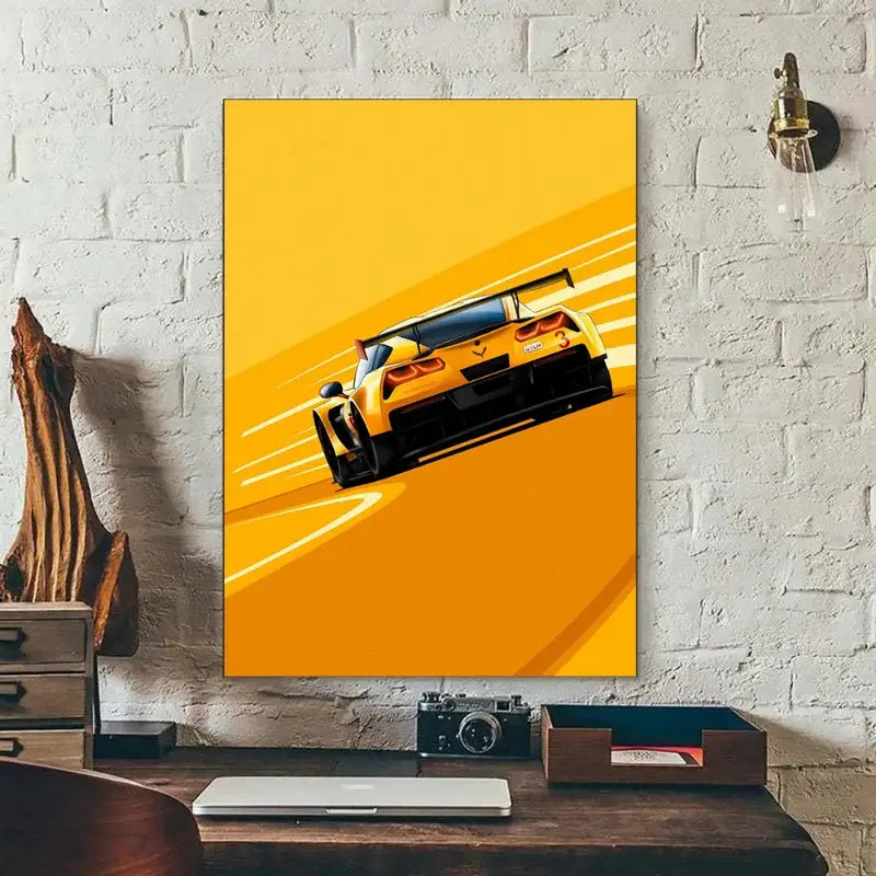 DecorBites™ modern cartoon racing car canvas wall art featuring a vibrant yellow Chevrolet Corvette with black accents