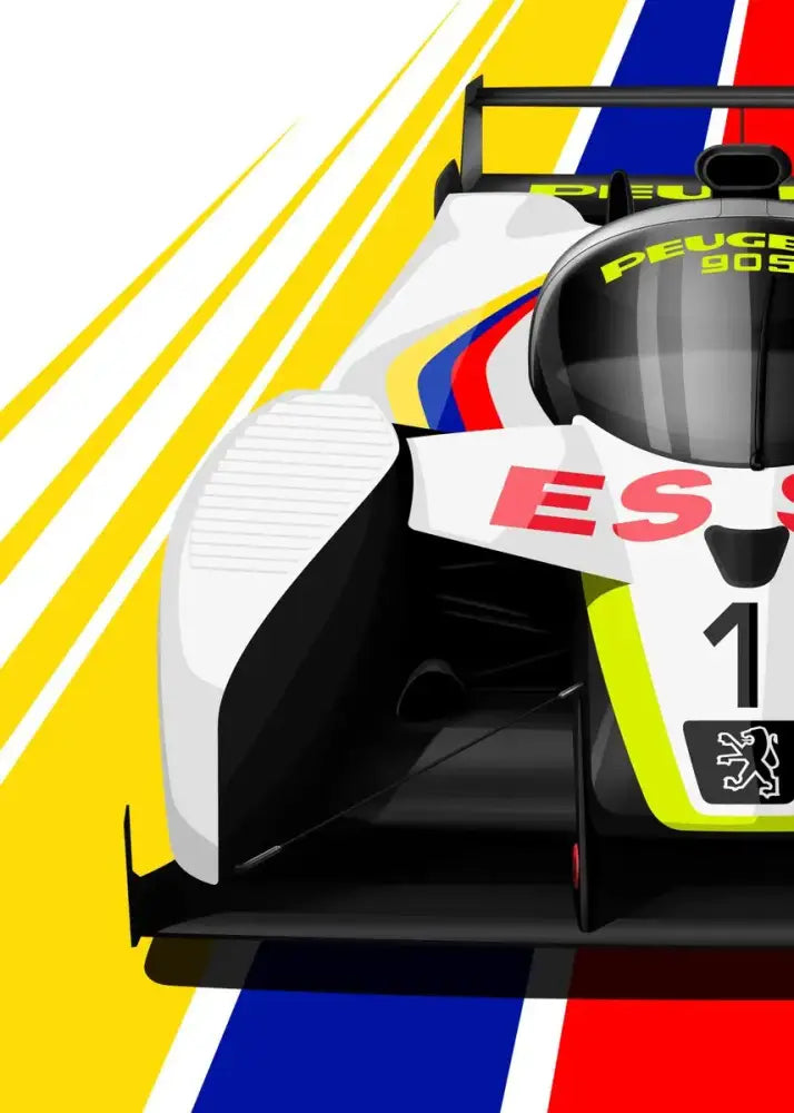 DecorBites™ modern cartoon racing car canvas wall art featuring a white black neon yellow Peugeot 905 racing car with red and blue stripes