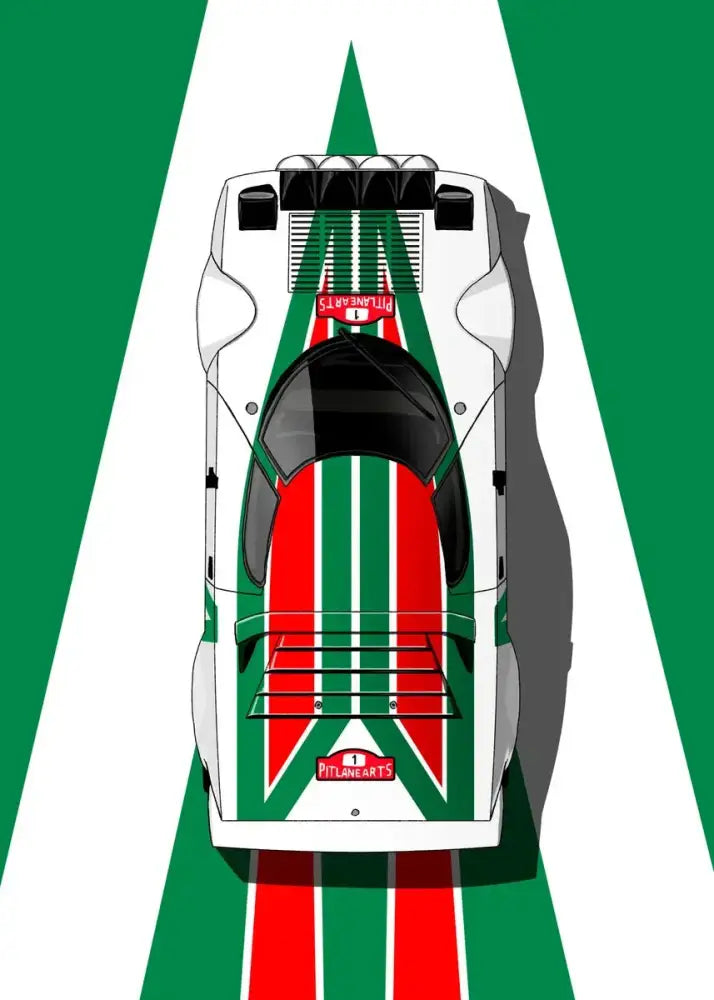 Decorbites™ modern cartoon racing car canvas wall art featuring a white green and red racing car with pitlanearts branding