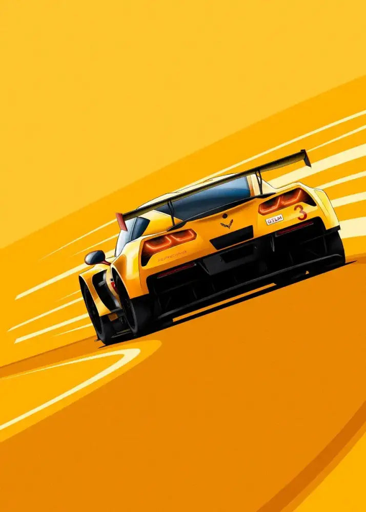 Decorbites™ modern cartoon racing car canvas wall art featuring a yellow chevrolet corvette race car with black accents and rear spoiler
