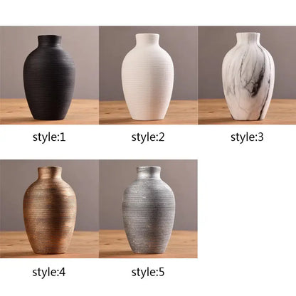 Five distinct ribbed ceramic vases in black white marble gold and silver for modern ceramic nordic home decor by DecorBites