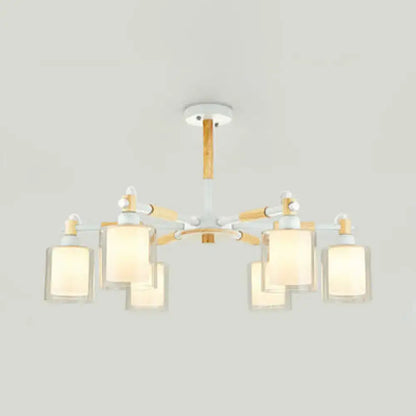 DecorBites™ modern chic cylinder hanging pendant lamp with white wood frame and five frosted glass shades for bedroom lighting
