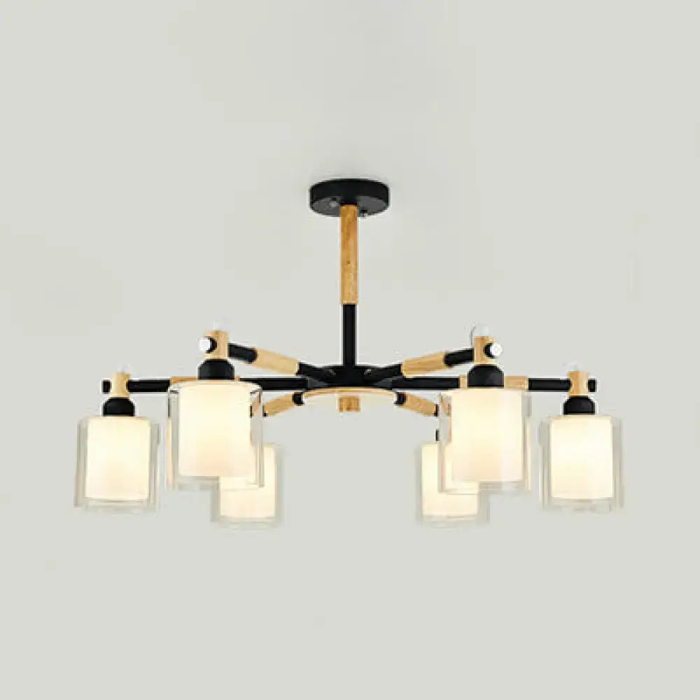 DecorBites modern chic cylinder hanging pendant lamp with black wood frame and six frosted glass LED incandescent fluorescent shades