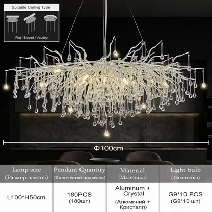 Decorbites modern chrome chandelier with crystal raindrops features a 100cm aluminum frame and chrome rectangular crystals lamp package