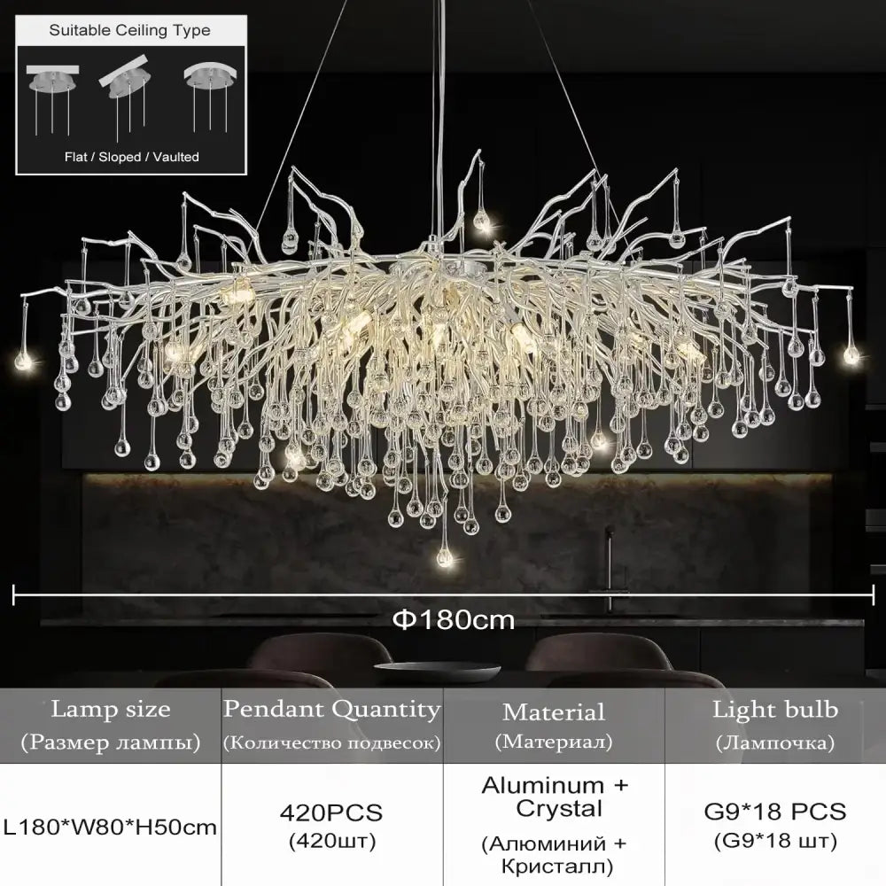DecorBites™ modern chrome chandelier with chrome rectangular crystals and aluminum frame in a 180cm-wide lamp package
