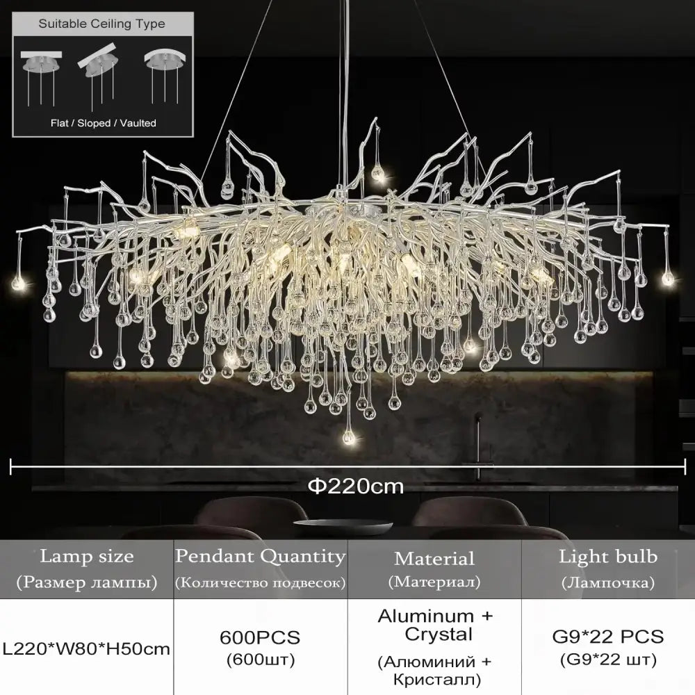 Decorbites modern chrome chandelier with crystal raindrops featuring aluminum arms and chrome rectangular crystals lamp package