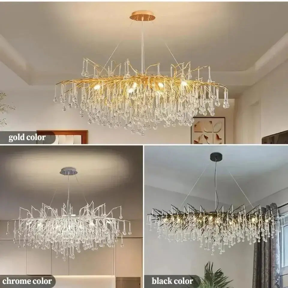 Elegant DecorBites™ modern chrome chandelier with crystal raindrops and chrome rectangular crystals lamp package
