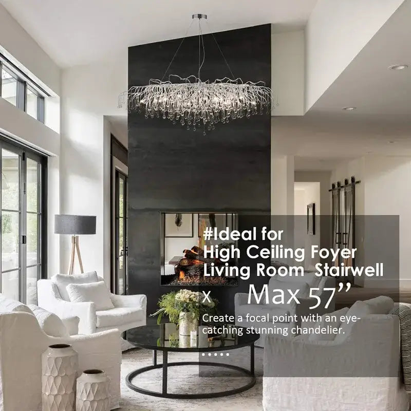 DecorBites™ modern chrome chandelier with silver-toned branches and crystal raindrops lamp package featuring rectangular crystals