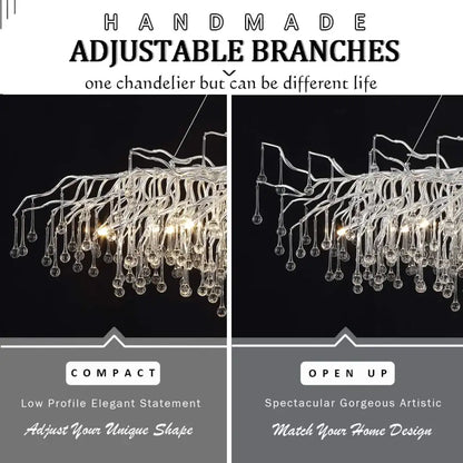 Decorbites™ modern chrome chandelier with adjustable branch-like arms and hanging chrome rectangular crystals lamp package