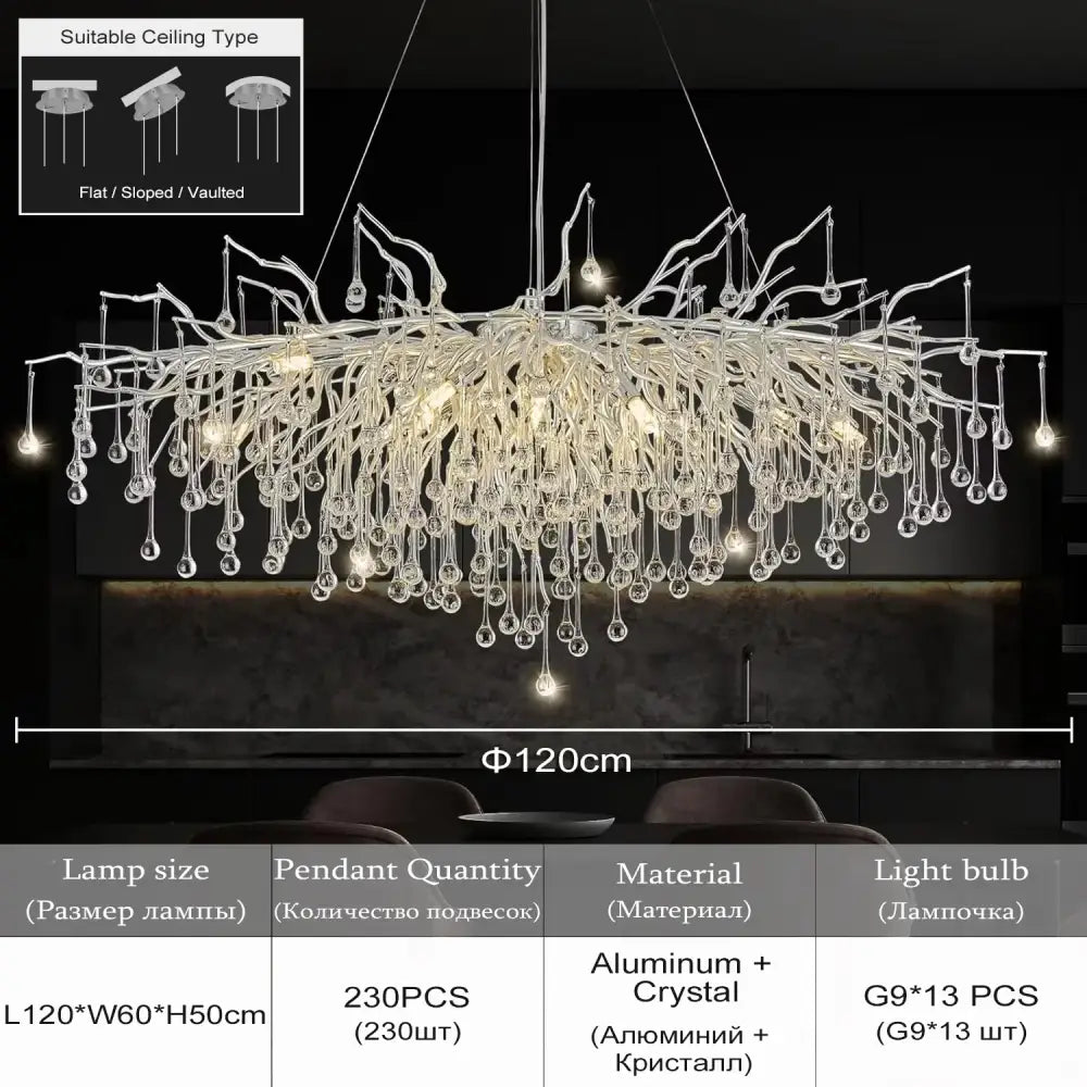 DecorBites™ modern chrome crystal chandelier with aluminum frame and droplets for living room lamp package