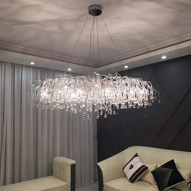 DecorBites™ modern chrome crystal chandelier with silver frame and cascading droplets for living room lamp package