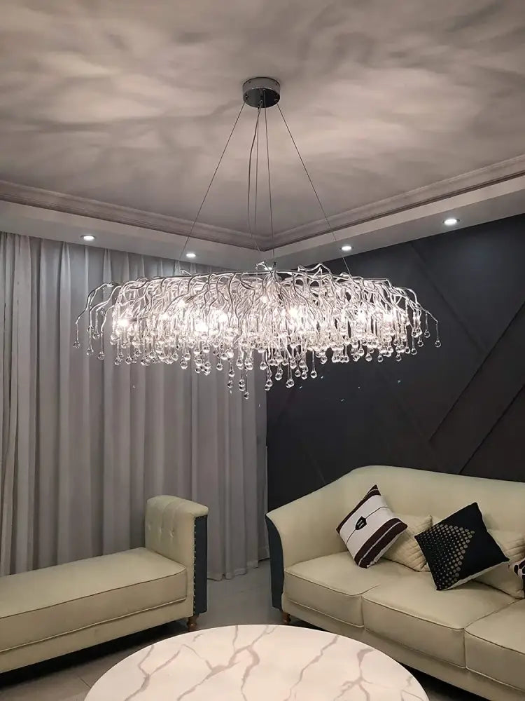 DecorBites™ modern chrome crystal chandelier with silver metal frame and clear glass droplets for living room lamp package