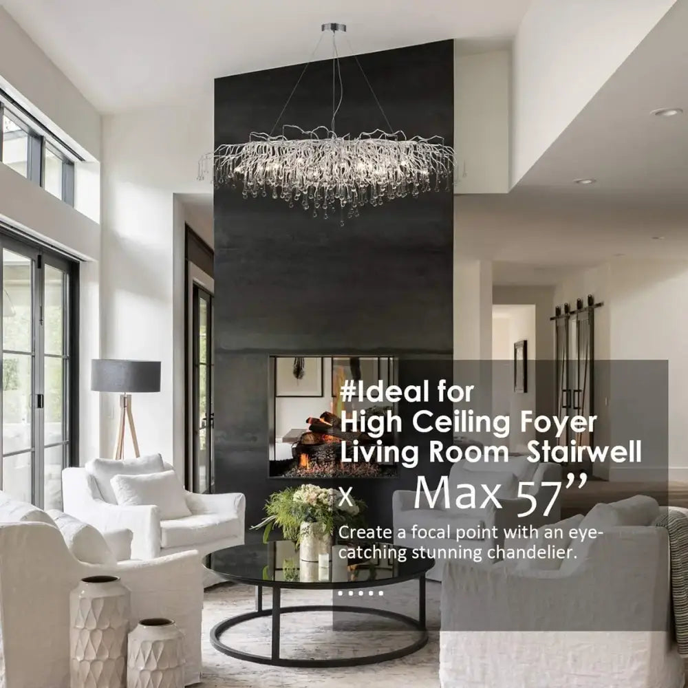 DecorBites™ modern chrome crystal chandelier with silver metal frame and crystal droplets for living room lamp package