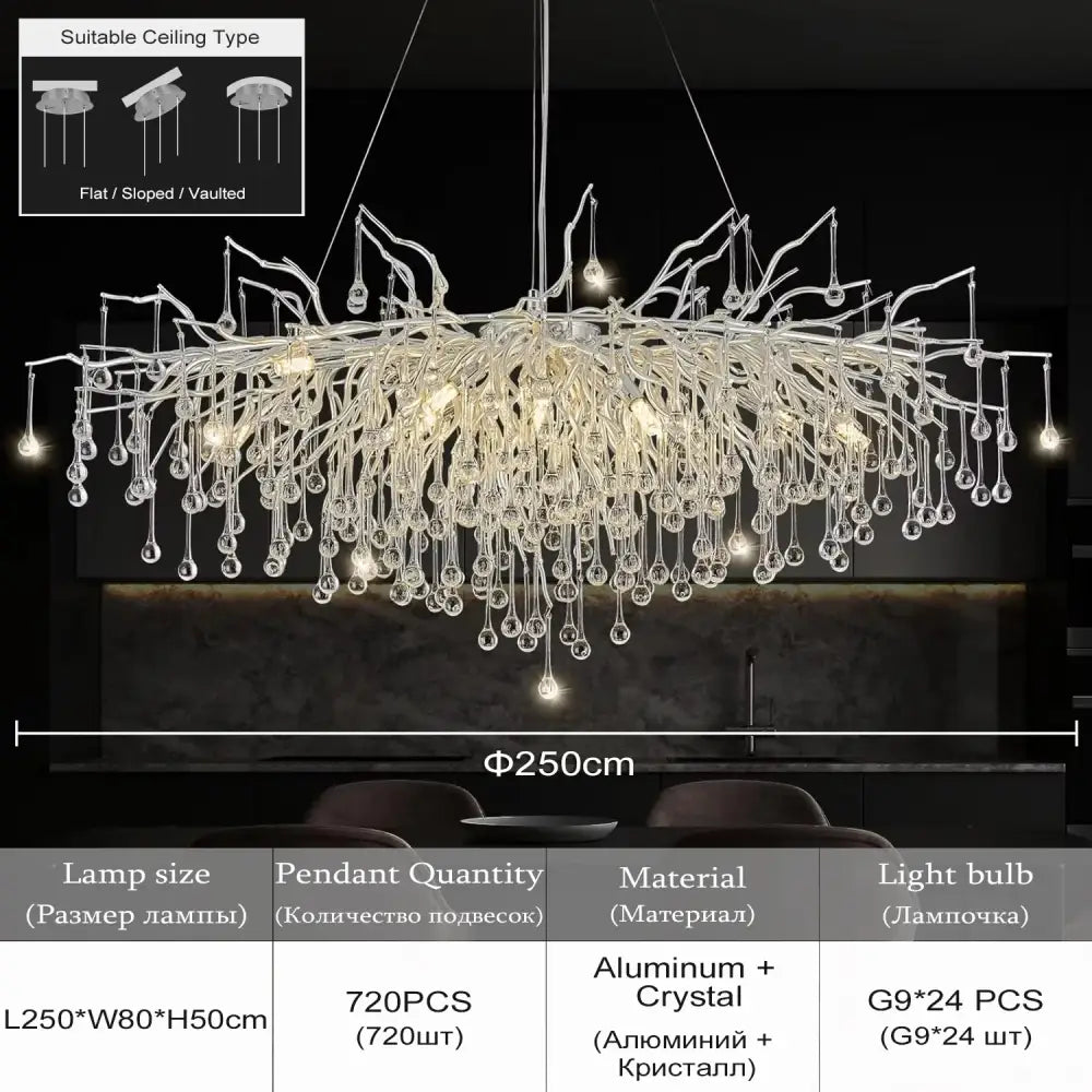 DecorBites™ modern chrome crystal chandelier with clear crystal droplets and aluminum frame for living room lighting