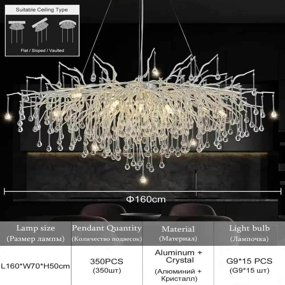 DecorBites modern chrome crystal chandelier with clear droplets and aluminum frame for living room lamp package