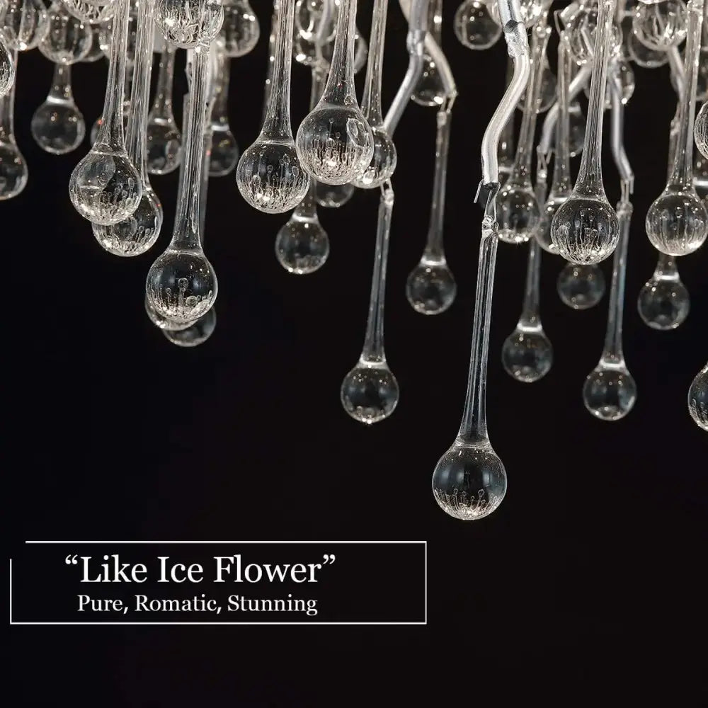 Clear glass teardrop elements with frosted detailing in DecorBites™ modern chrome crystal chandelier for living room lamp package