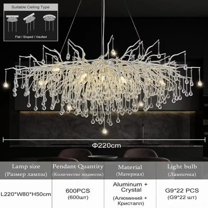DecorBites™ modern chrome crystal chandelier with aluminum arms and clear droplets for living room lamp package