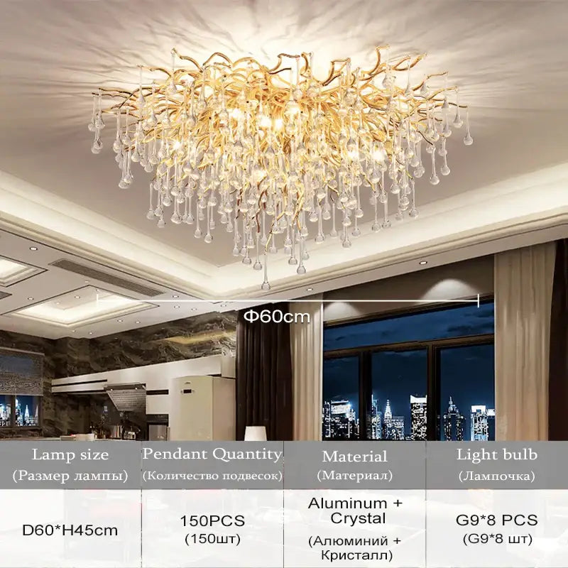 Gold-toned decorbites™ modern chrome crystal chandelier with intricate arms and crystal pendants for living room lamp package