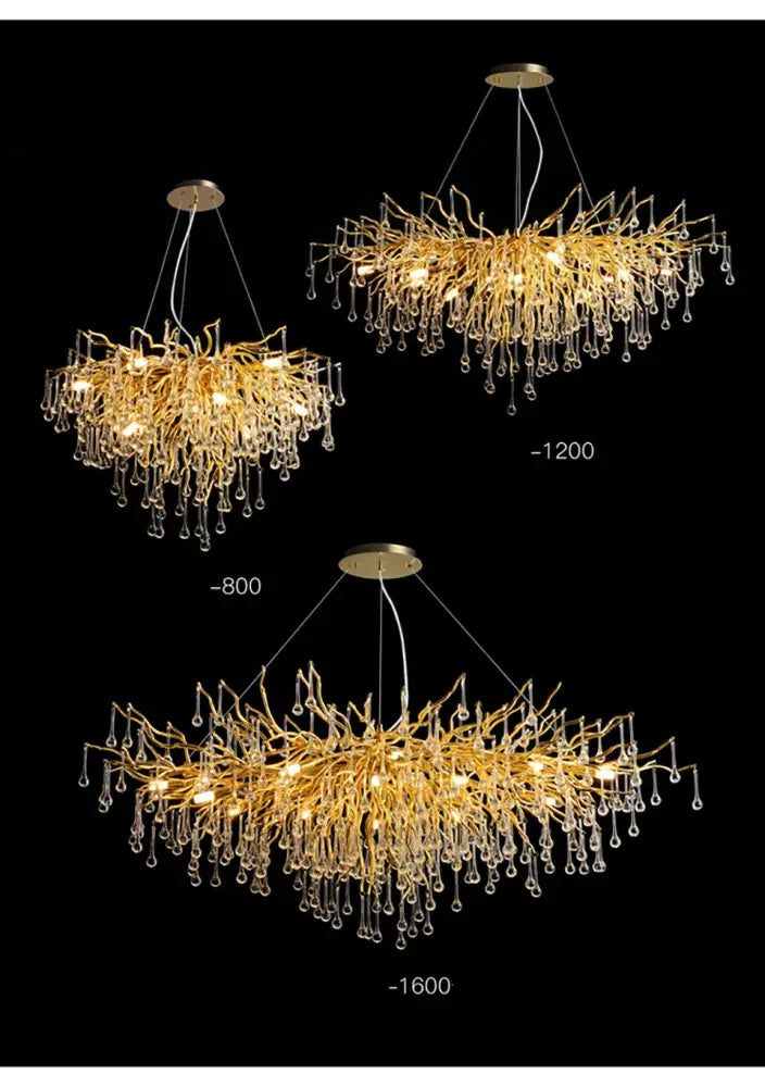 DecorBites modern chrome crystal chandelier with golden branches and crystal droplets for living room lamp package