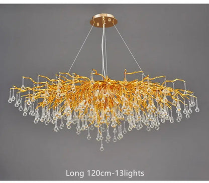 Golden branch-style crystal chandelier with dangling teardrop pendants in a DecorBites™ lamp package for living room