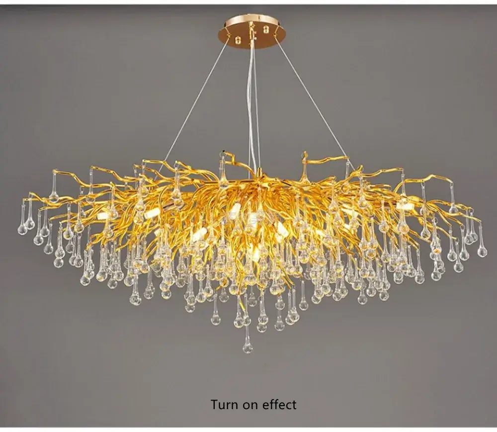 Golden branch-style crystal chandelier with dangling teardrop pendants for modern living room lamp package