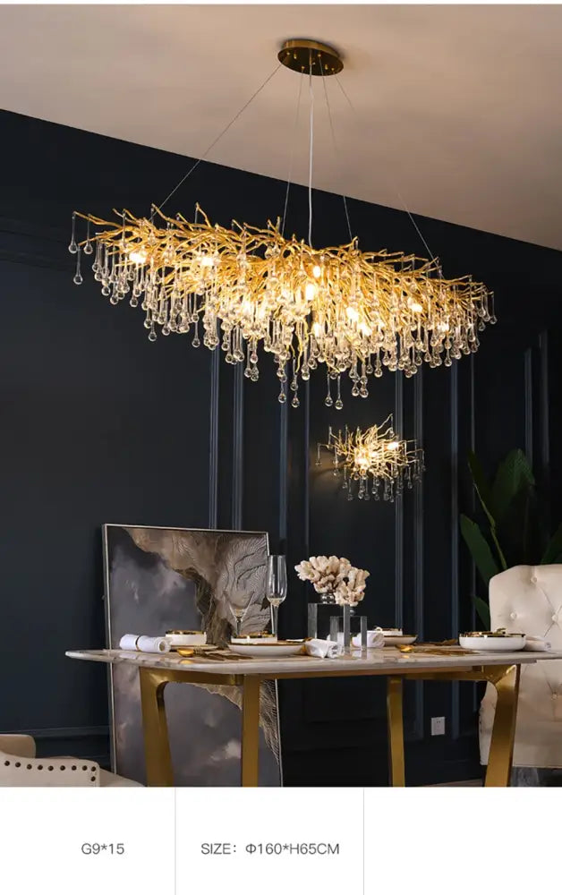 Golden branch-style crystal chandelier with dangling droplets in the decorbites modern chrome lamp package for living room