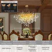 Golden aluminum crystal chandelier with cascading pendants included in decorbites™ modern chrome lamp package for living room
