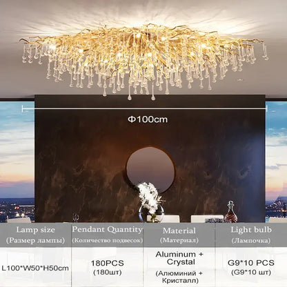 Decorbites modern chrome crystal chandelier with golden branch-style aluminum frame and crystal droplets for living room