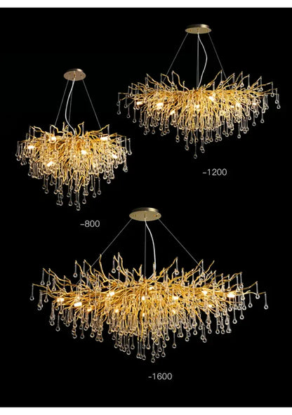 Decorbites™ modern chrome crystal chandelier featuring golden branch design with crystal droplets for living room lighting
