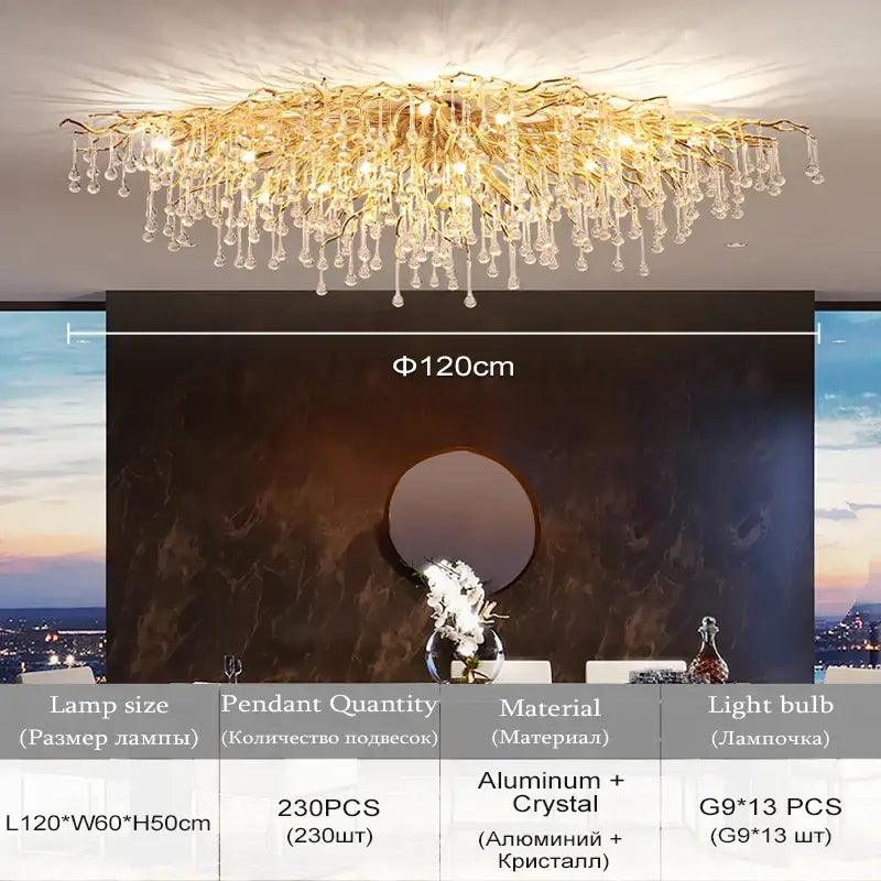 Golden branch-style crystal chandelier with aluminum frame for living room lamp package by DecorBites™ Modern Chrome