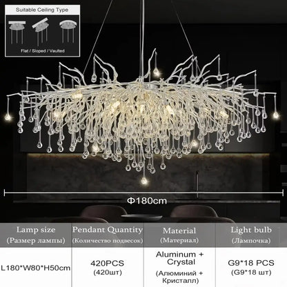 DecorBites™ modern chrome crystal chandelier with 180cm aluminum frame and branching raindrop crystal design lamp package