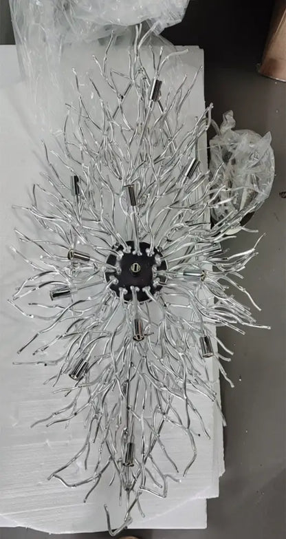 DecorBites™ modern chrome crystal chandelier with silver metallic branching arms and central black hub lamp package