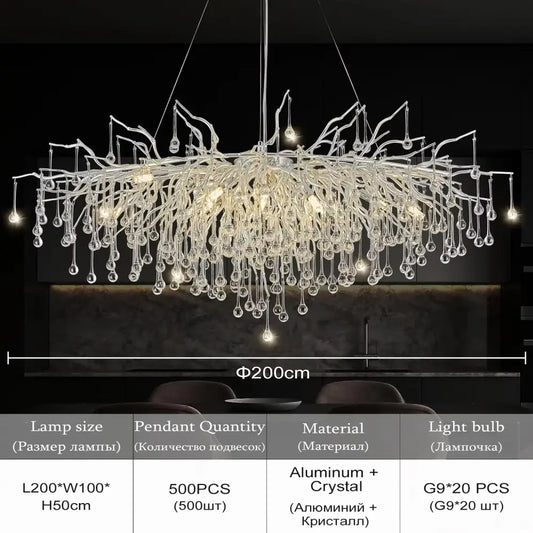 DecorBites™ modern chrome crystal chandelier with aluminum arms and clear crystal droplets in a long raindrop pendant lamp package