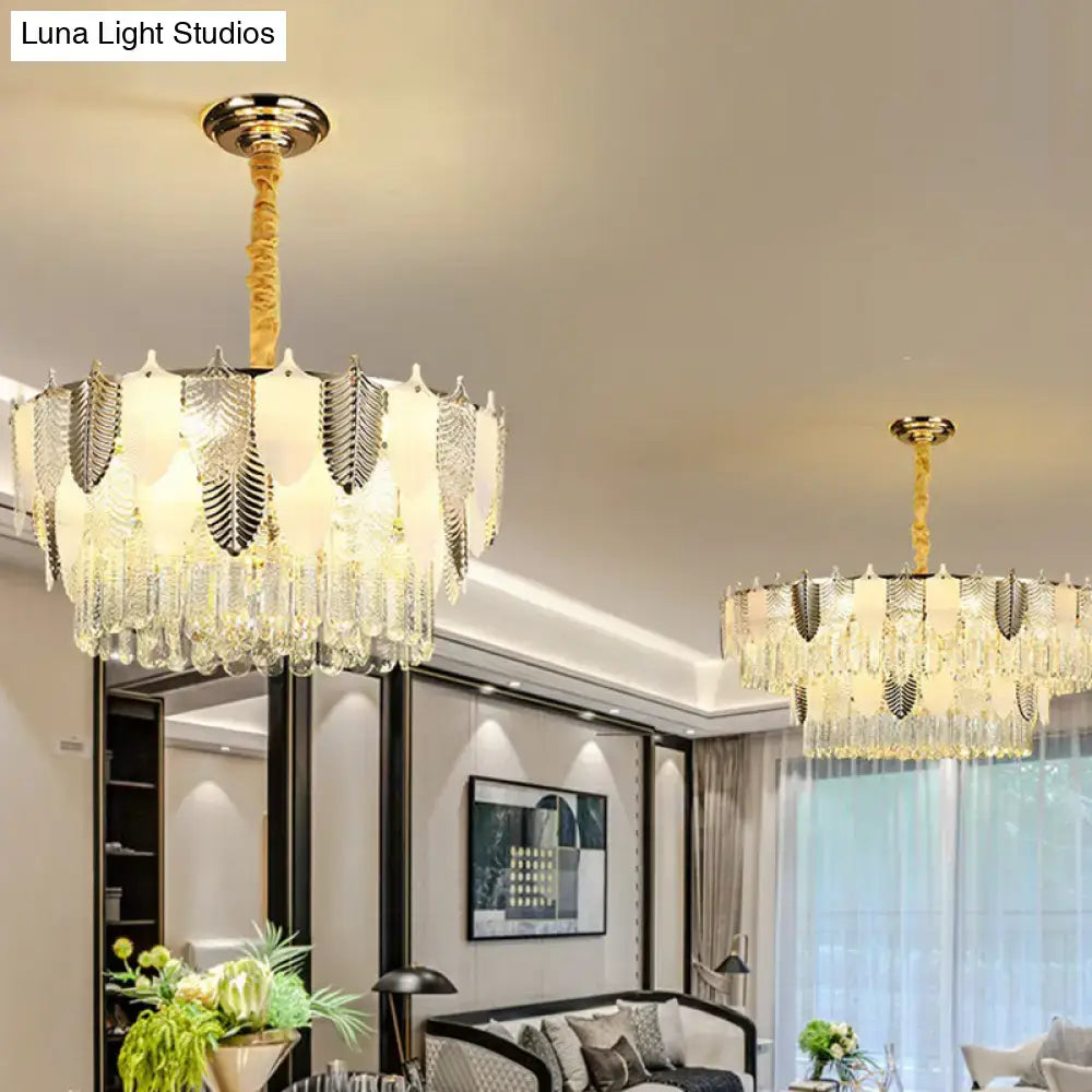 Elegant gold-finished decorbites™ modern crystal leaf pendant chandelier ceiling light with frosted glass and crystal droplets