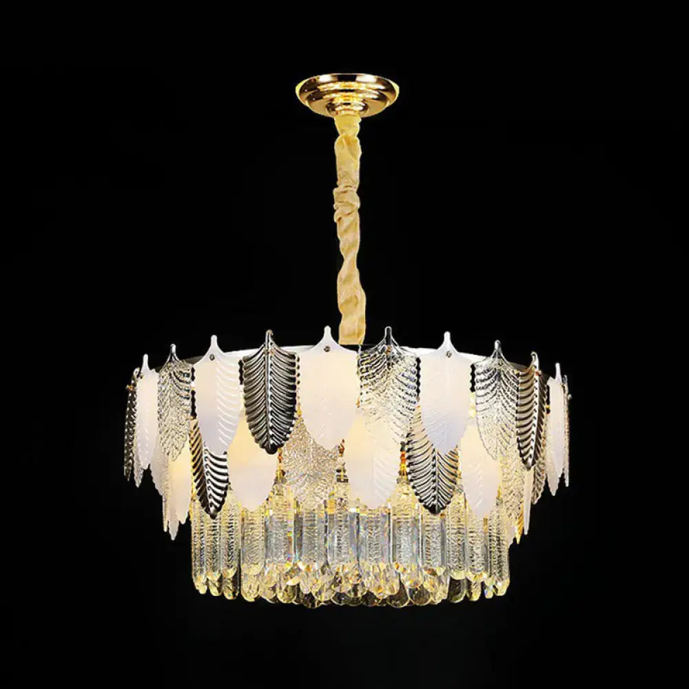 Decorbites modern ceiling light chandelier with gold mount, twisted cord, and layered frosted crystal leaf shades