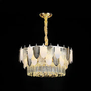 DecorBites™ modern clear crystal leaf pendant chandelier with gold twisted rod and frosted glass leaves ceiling light