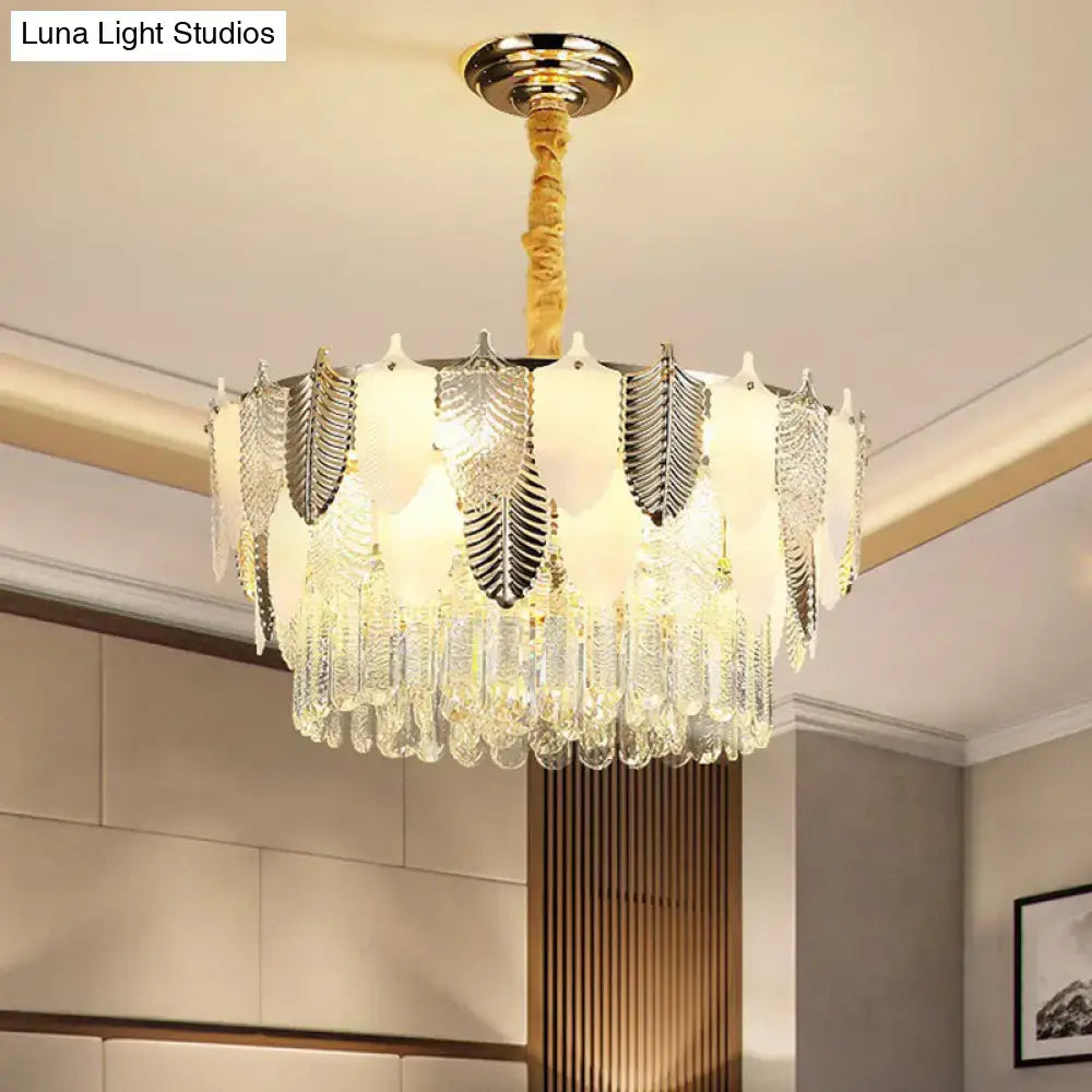 DecorBites modern gold-toned crystal leaf ceiling light with glass panels and cascading droplets for living room