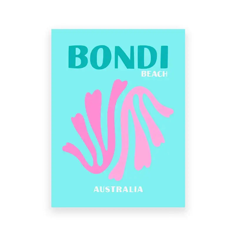 Decorbites™ modern coastal travel posters art print featuring a vibrant turquoise bondi beach design with pink seashell and australia text