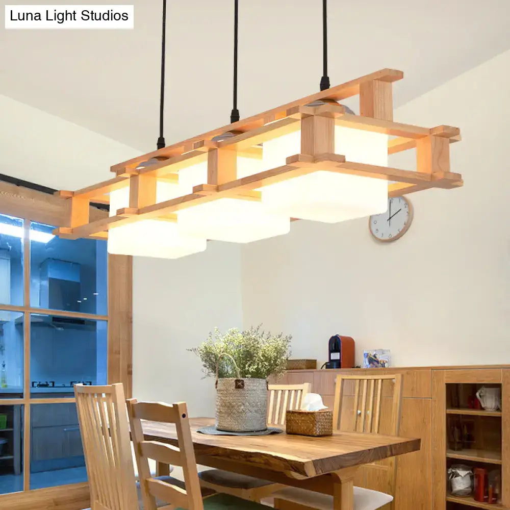 DecorBites™ modern cream glass cube pendant light with lightweight wooden rectangular heads and frosted glass panels hanging pendant light