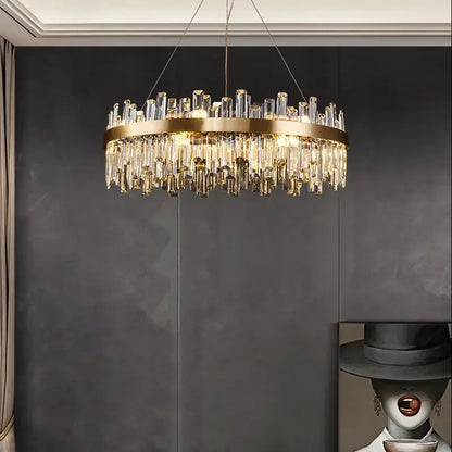 DecorBites™ modern crystal chandelier with gold-toned metal frame and cascading rods for dining room lighting
